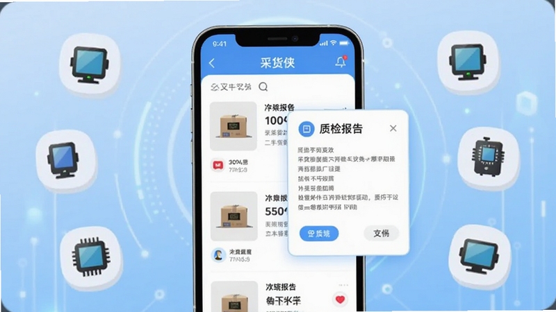 一款名为采货侠的二手交易平台手机应用界面,画面中央展示手机商品列表与质检报告卡片,背景为浅蓝色渐变科技感风格,四周点缀数码产品图标,整体简洁明亮,适配Boogu模型生成