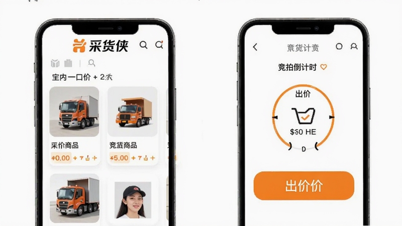 采货侠应用内一口价与竞拍模式选择界面,画面左侧展示一口价商品卡片,右侧展示竞拍倒计时与出价按钮,背景为白色简洁风格,顶部有采货侠Logo,适配Boogu模型生成
