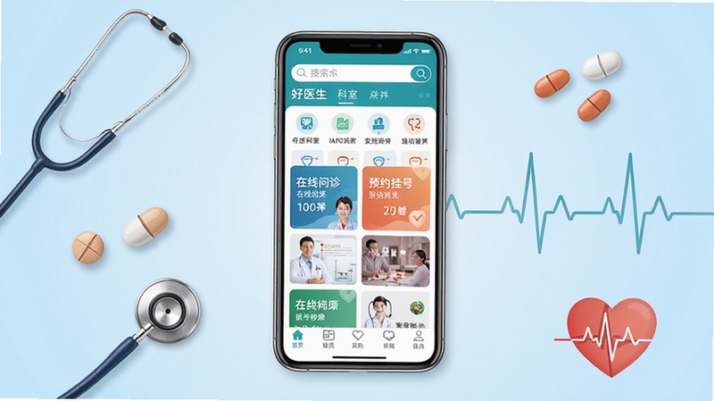 好医生软件首页界面全景展示,画面中央是一部竖屏智能手机,屏幕内呈现好医生应用的首页布局,顶部为搜索栏与科室分类图标,中部为在线问诊与预约挂号入口卡片,底部为导航菜单,背景为柔和的浅蓝色渐变,周围点缀听诊器、药丸、心率线等医疗元素,整体风格干净专业,适合医疗健康类应用宣传图
