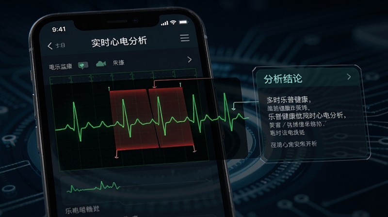 ���ս���ʵʱ�ĵ�������棬�ֻ���Ļ��ʾ��ɫ�ĵ粨��ͼ���������к�ɫ��ע���쳣���Σ��Ա��з����������ֿ򣬱���Ϊ��ɫ�Ƽ��н��棬ͻ��רҵҽ�Ƽ���Χ