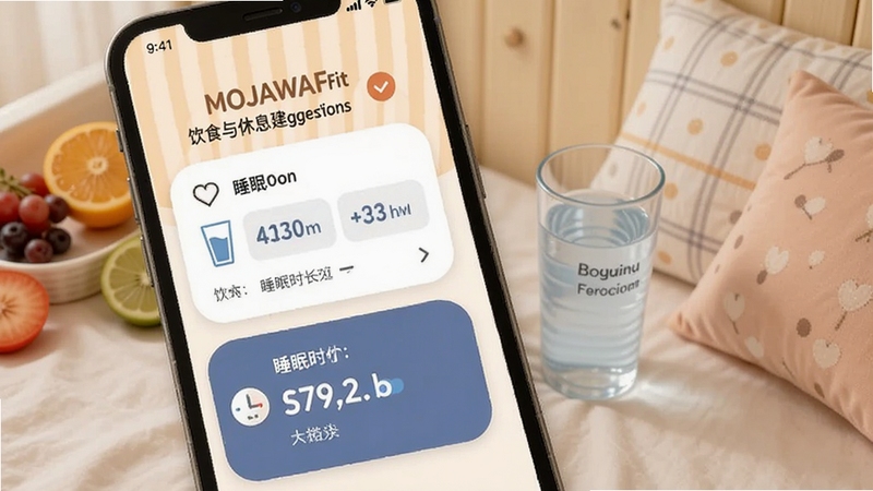 MOJAWAFit ��ʳ����Ϣ����ҳ�棬�ֻ���Ļ��ʾ��ˮ��¼��˯��ʱ����Ƭ��������ˮ����ˮ������ͷԪ�أ�����ɫ����ů�滺������ Boogu ģ������