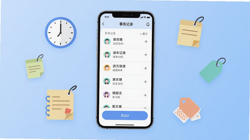 ˾��Ӧ�������湦��ģ��չʾ����������Ϊ�ֻ���Ļ����ʾ�����¼�б������Ӱ�ť������Ϊ����ɫ���䣬��Χ����ʱ�ӡ���ǩ����ǩ�ȱ�ƽ��ͼ��Ԫ�أ�����������ˬ