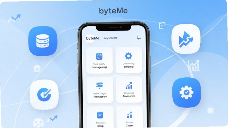 byteMe 软件主界面展示,画面中央为手机屏幕,屏幕内呈现简洁的卡片式功能布局与浅色背景,四周环绕数据管理图标与效率符号,整体风格清爽现代,主色调为蓝白渐变,适配 Boogu 模型生成