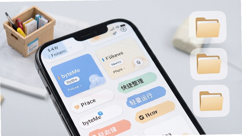 byteMe 功能界面特写,画面主体为手机屏幕中排列整齐的卡片与标签,背景为柔和浅灰,屏幕旁有整理箱与文件夹图标点缀,体现快捷整理与轻量运行的特点,整体视觉干净利落