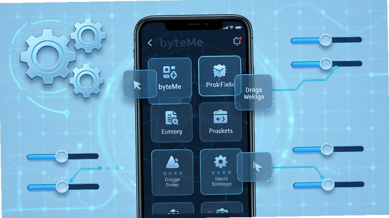 byteMe 设置与自定义面板示意,画面中心为手机界面中可拖拽排序的功能模块,背景为淡蓝色科技感网格,周围有齿轮与调节滑块元素,突出自定义与本地优先理念