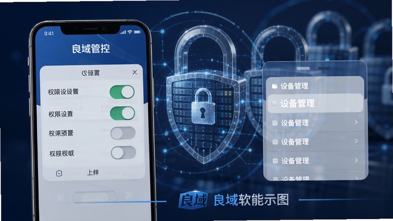 良域安全管控功能示意图,展示手机屏幕上的权限设置开关与设备管理列表,背景为抽象的数据安全锁形图案,整体色调偏深蓝与银灰,突出安全与可靠感,软件名称良域出现在画面中