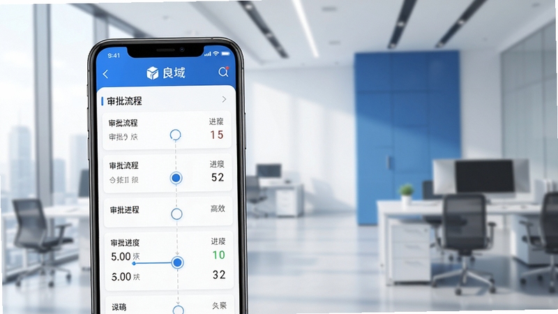 良域移动办公应用界面展示,手机屏幕中显示审批流程列表与进度节点,背景为简洁的商务办公环境,整体色调以蓝白为主,突出高效与专业感,软件名称良域清晰可见