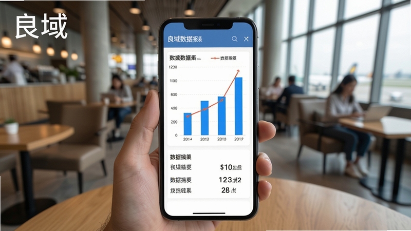 良域数据报表移动端展示,手机屏幕上呈现柱状图与折线图组合,图表下方有数据摘要文字,背景为咖啡厅或机场休息区,体现移动办公场景,软件名称良域清晰可见