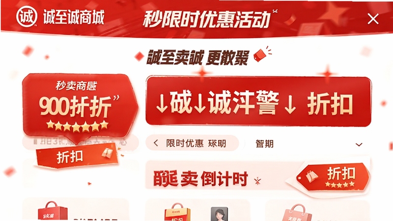 诚至诚商城 限时优惠活动页面 秒杀倒计时 折扣标签 红色促销氛围 手机端展示