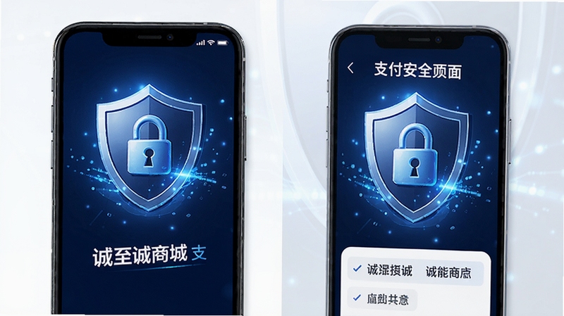 诚至诚商城 支付安全页面 盾牌图标 加密锁标识 蓝色科技感 手机端界面