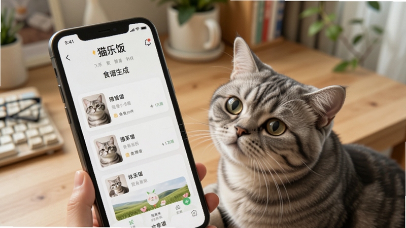 猫乐饭移动端操作界面截图,画面展示手机屏幕上猫乐饭的食谱生成页面,一只美短猫在手机旁探头观看,背景为居家书桌环境,整体色调清爽自然