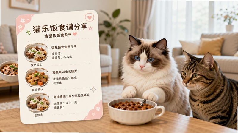 猫乐饭食谱分享卡片界面,画面中展示一张精美的猫饭食谱图文卡片,旁边有一只布偶猫和一只狸花猫在等待喂食,背景为明亮宽敞的客厅环境,整体氛围温馨有爱