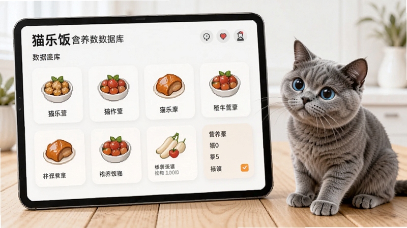 猫乐饭食材营养数据库界面,画面展示多种猫饭食材图标与营养数据卡片,一只英短蓝猫在旁好奇观看,背景为浅色木质桌面,整体风格清新整洁