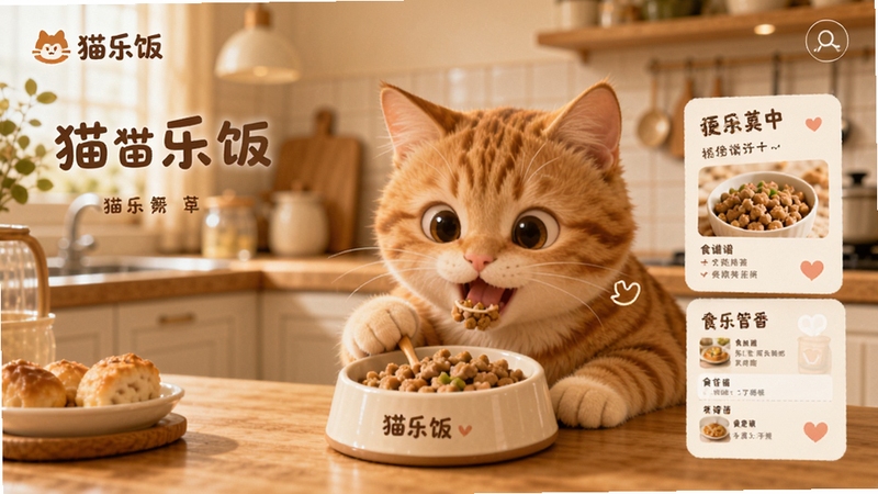 猫乐饭软件主界面展示,画面中央是一只可爱的橘猫正在享用猫饭,背景为温馨的居家厨房环境,整体色调温暖柔和,突出猫乐饭品牌标识与食谱卡片元素