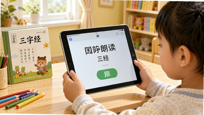 三字经国学朗读软件中逐句跟读功能界面,画面展现孩子手持平板电脑跟读三字经,屏幕上显示当前朗读句子与跟读按钮,背景为明亮温馨的儿童书房,书桌上摆放三字经绘本与彩色铅笔,整体风格清新活泼