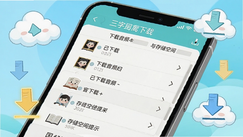 三字经国学朗读软件离线下载管理界面,画面展示已下载音频列表与存储空间提示,背景为简洁的手机屏幕特写,周围环绕卡通风格的云朵与下载箭头图标,整体色调清爽明快