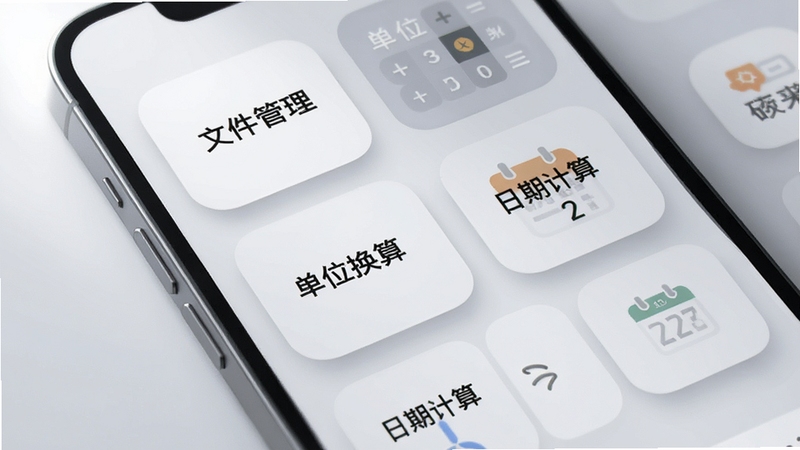聚应用内多工具聚合面板特写,画面展示手机屏幕中整齐排列的功能卡片,卡片上标注着“文件管理”“单位换算”“日期计算”等字样,背景为柔和的浅灰色,光线从左上角打入,突出卡片的圆角与阴影质感,整体呈现干净利落的工具类应用风格。