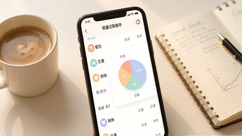 聚轻量记账助手界面,手机屏幕展示记账列表与饼状统计图,列表条目包含“餐饮”“交通”“购物”等分类图标,图表色彩柔和,背景为暖白色,桌面放置一杯咖啡与笔记本,营造日常记账的轻松氛围。