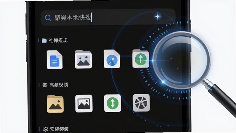 聚本地文件快搜功能界面,手机屏幕显示文件列表与搜索框,搜索框内有光标闪烁,列表按文件类型分类展示文档、图片、安装包图标,背景为深色模式以突出内容,画面右侧有放大镜光效点缀,体现快速检索的科技感。