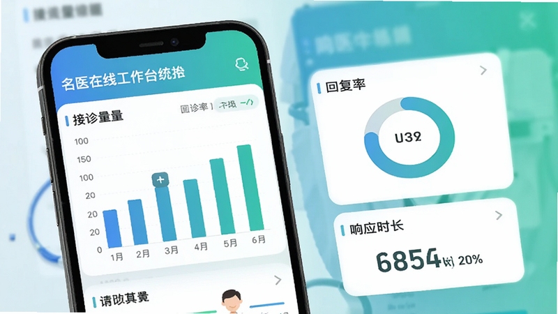 名医在线工作台数据统计面板,手机屏幕显示接诊量柱状图、回复率环形图和响应时长数字,配色为蓝绿渐变,界面清爽现代,体现医生工作数据可视化
