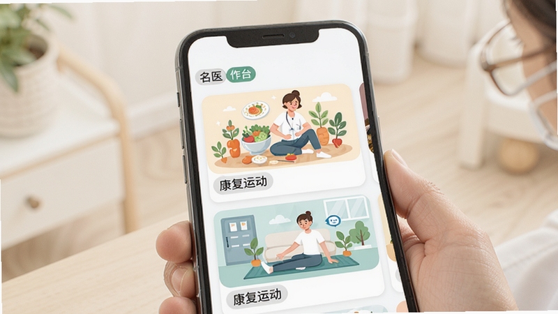 名医在线工作台患教素材库界面,手机屏幕展示多个图文卡片,卡片封面为健康饮食、康复运动等插图,分类标签清晰可见,整体设计温和亲切,适合医疗健康教育场景
