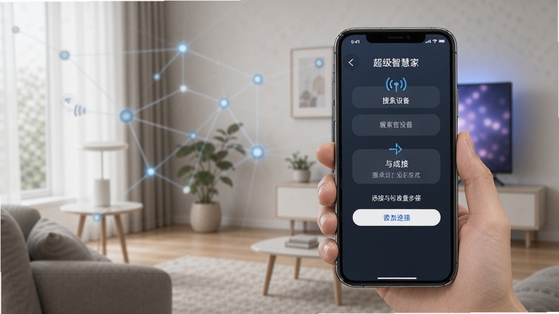 超级智慧家 手机端添加设备操作界面 展示搜索设备与连接步骤 背景为家庭网络环境 简洁清晰