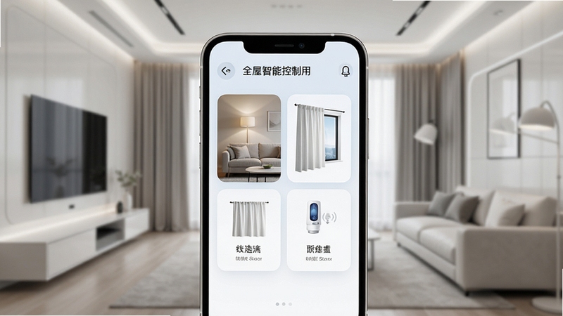 超级智慧家 全屋智能控制应用主界面展示 手机屏幕中央显示客厅灯光窗帘安防设备卡片 背景为现代简约家居场景 浅色科技风格 高清细节