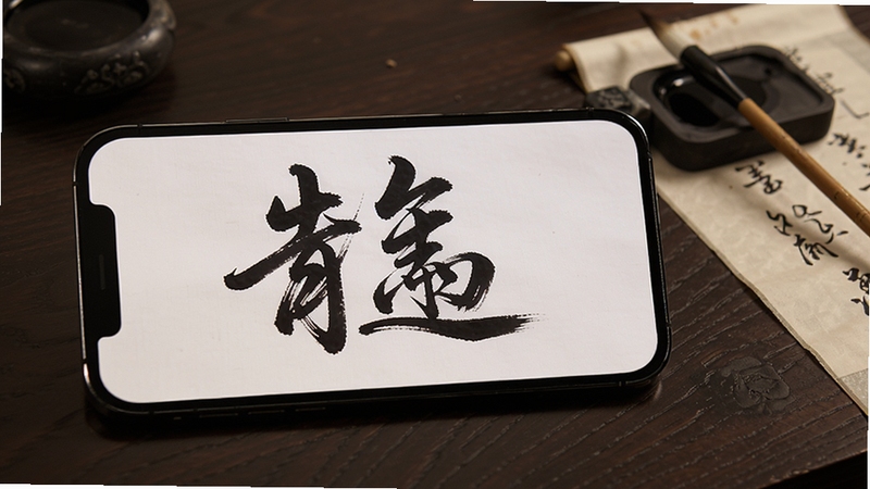 书法笔划造字作品展示图,画面主体为手机屏幕上显示的一幅完成的书法造字作品,背景区域为深色木质桌面与文房四宝点缀,作品字体为行书风格,笔画流畅自然,整体氛围古朴雅致,适配Boogu模型生成