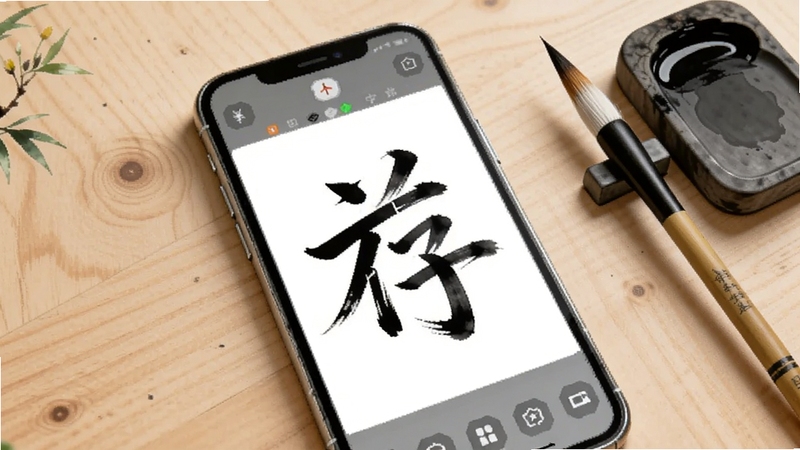 书法笔划造字操作界面示意图,画面主体为手机屏幕上的造字画布,画布中有一个正在拼接的书法汉字,背景区域为浅色木纹桌面,旁边放置一支毛笔和砚台,整体风格雅致清新,适配Boogu模型生成
