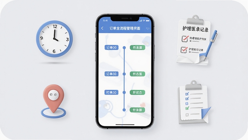 医护到家-快天使医护到家医护版 订单全流程管理界面,画面中心为手机屏幕显示订单时间轴与状态标签,周围环绕时钟、定位图标、护理记录单等元素,背景为柔和浅灰色,突出流程清晰与操作便捷的特点