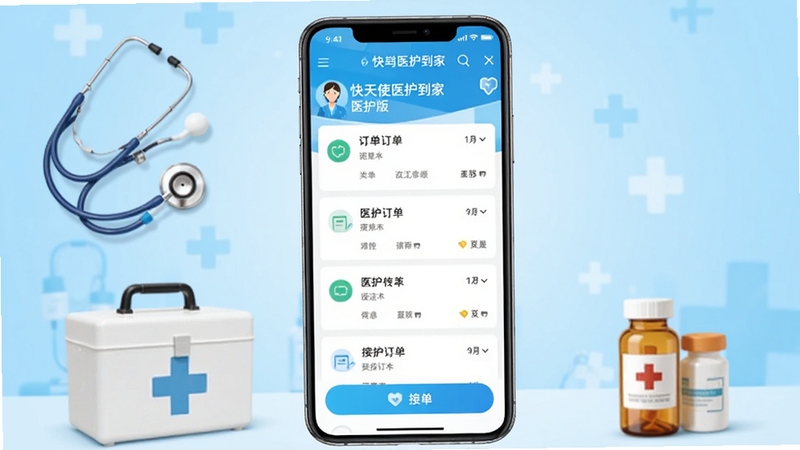 医护到家-快天使医护到家医护版 手机应用主界面展示,画面中央为竖屏手机模型,屏幕显示订单列表与接单按钮,背景为浅蓝色医护风格渐变,周围点缀听诊器、护理箱、药瓶等医疗元素,整体色调清爽专业,适合安卓应用商店宣传图