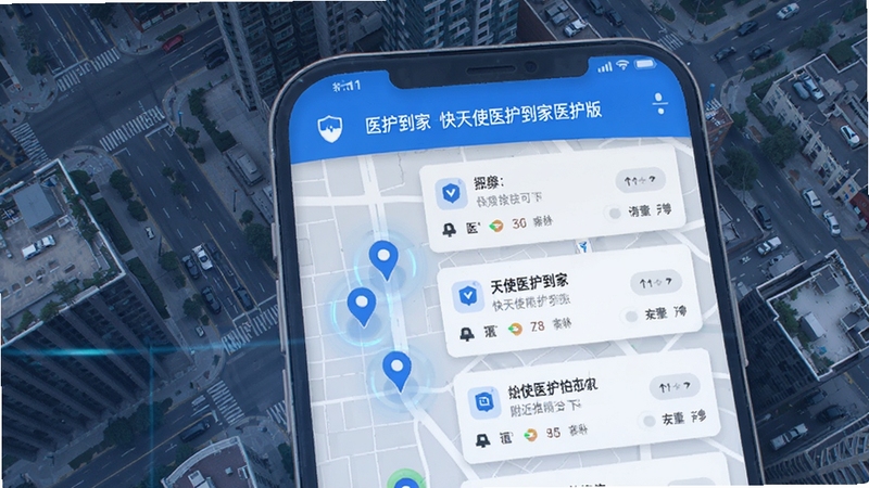 医护到家-快天使医护到家医护版 附近订单推送功能展示,画面主体为手机屏幕特写,屏幕内显示地图定位点与订单卡片列表,背景为城市街区俯视图,色调以蓝色和白色为主,突出智能推送与地理位置匹配的科技感