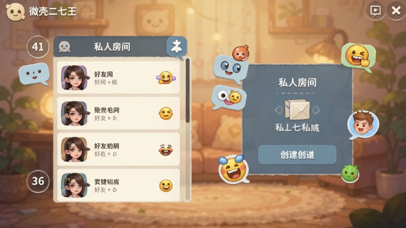 微壳二七王游戏内的社交互动界面,画面展示着好友列表和私人房间创建选项,周围点缀着各种有趣的聊天表情气泡,背景色调温馨柔和,突出游戏的社交属性