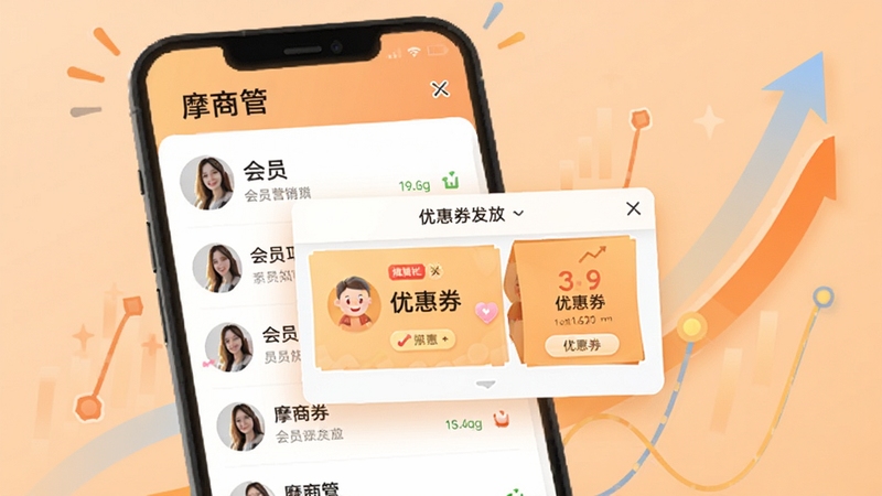 摩商管 会员营销功能界面,画面展示手机屏幕中会员列表与优惠券发放弹窗,背景为浅橙色渐变,周围点缀抽象的数据增长曲线元素,整体氛围活跃亲和,适合Boogu模型生成