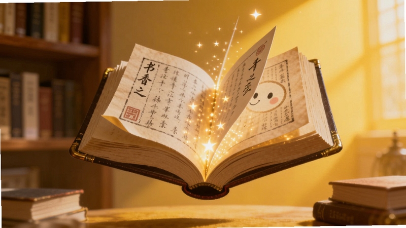 画面主体为一本悬浮在空中的发光古风书籍,书页翻动间散发出点点星光,背景是柔和的暖黄色调书房场景,书架虚化处理,整体风格温馨治愈,适配Boogu模型生成,突出书香之恋的阅读氛围
