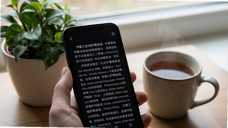 特写镜头展示手机屏幕上的阅读界面,背景为深色护眼模式,文字清晰锐利,旁边有一杯热茶和绿植,氛围安静舒适,体现书香之恋护眼阅读功能