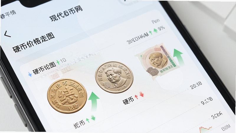 现代钱币网APP行情页面展示,手机屏幕中显示纪念币、纸币、硬币价格走势图,界面简洁清晰,背景为浅色渐变,突出数据图表与涨跌箭头,整体风格专业金融感