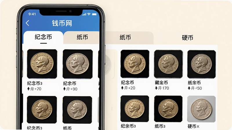 现代钱币网APP藏品分类浏览界面,手机屏幕显示纪念币、纸币、硬币等分类标签,下方排列藏品缩略图与简要信息,背景为柔和米白色,整体布局整齐有序