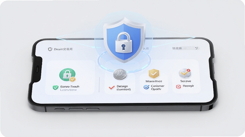 现代钱币网APP安全交易页面,手机屏幕显示实名认证标识与交易担保流程图,背景为浅灰色,突出盾牌与锁形图标,传递安全可靠感