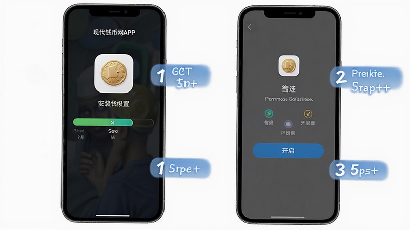 现代钱币网APP安装与权限设置示意图,手机屏幕展示安装进度条与权限开启界面,背景为白色,图标清晰,步骤标注明确