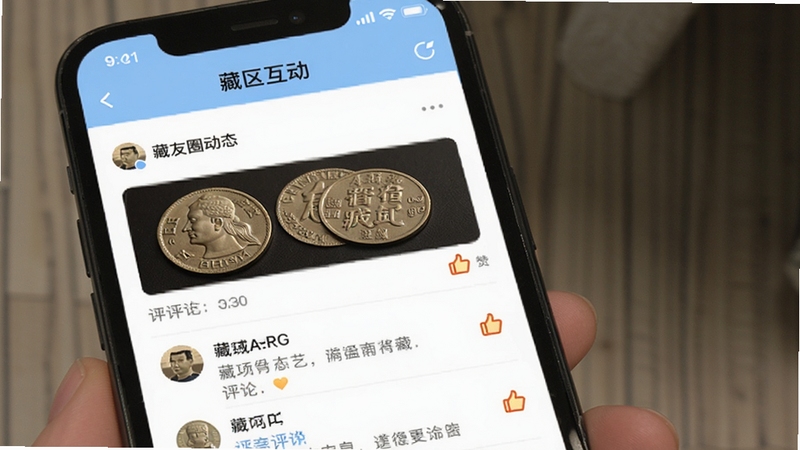 现代钱币网APP社区互动界面,手机屏幕展示藏友圈动态列表,包含藏品图片、用户评论与点赞图标,背景为淡蓝色,氛围轻松活跃