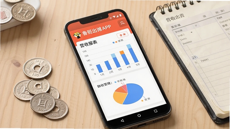 画面中央是一部安卓手机,手机屏幕显示鲁班出摊APP的营收报表页面,有柱状图和饼图,手机旁边散落着一些零钱和记账本,背景是简洁的木质桌面,光线柔和,突出软件的数据统计功能