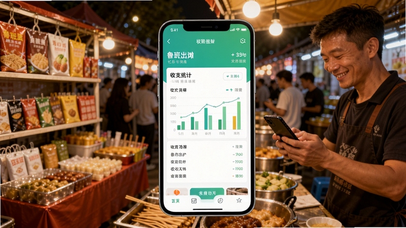 整体画面以暖色调为主,前景是智能手机屏幕显示鲁班出摊APP的记账界面,屏幕中央有清晰的收支统计图表,背景是热闹的夜市摊位,左侧有摆放整齐的商品货架,右侧有一位摊主正在微笑操作手机,画面风格写实明亮,突出移动端软件的便捷性与地摊经济的烟火气