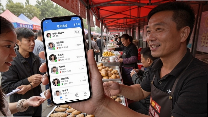 画面中一位摊主手持手机,手机屏幕显示鲁班出摊APP的客户列表,列表中有头像和消费记录,背景是热闹的集市,摊主面带微笑与顾客交流,画面充满生活气息,突出软件的客户管理功能