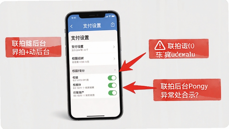 联拍移动后台支付界面异常处理示意图,手机屏幕显示支付设置页面与权限开关,画面中有明显的红色提示标记与箭头指引,背景为浅灰色,简洁明了的教程风格,Boogu模型生成