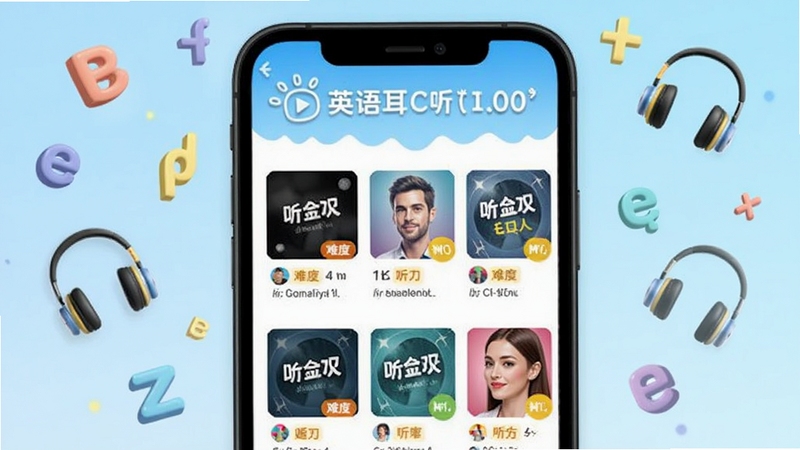 英语耳朵分级听力资源库界面截图风格图片,画面中央为手机屏幕显示多个听力专辑封面与难度标签,背景为淡蓝色渐变,周围漂浮英语字母与耳机图标,突出英语耳朵软件名称,画面明亮活泼