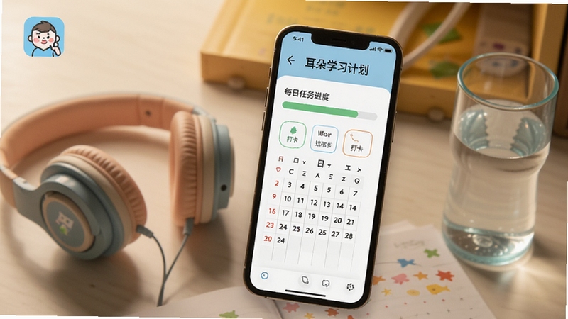 英语耳朵学习计划与打卡界面展示图,手机屏幕内呈现每日任务进度条与打卡日历,背景为书桌场景,旁边有儿童耳机与水杯,画面温暖有学习氛围,包含英语耳朵标识