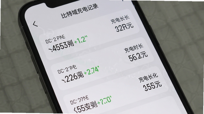 比特域充电记录页面,手机屏幕显示多条充电历史记录列表,每条记录包含时间、电量变化和充电时长,背景为浅灰色极简风格,突出数据清晰可读
