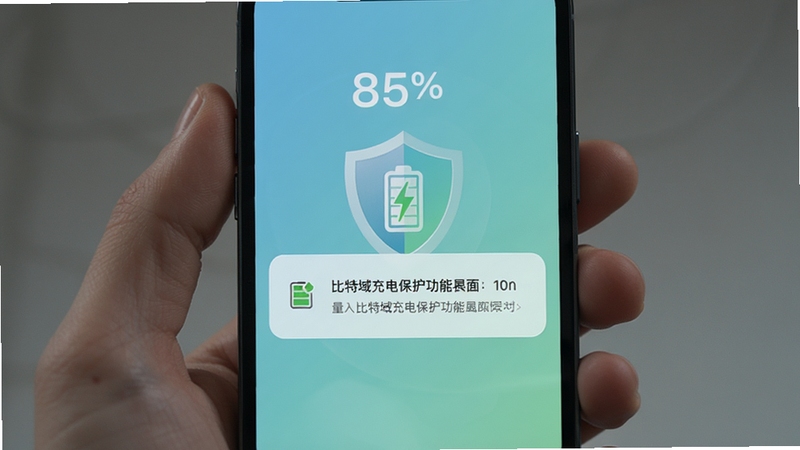 比特域充电保护功能界面,手机屏幕显示电量85%时弹出保护提示,背景为柔和蓝绿色渐变,画面中有盾牌图标与电池符号结合,体现安全防护概念