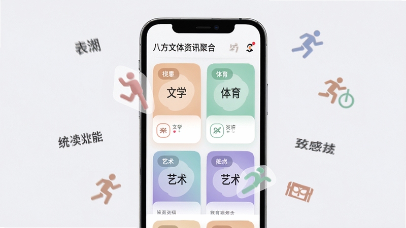 八方文体资讯聚合功能界面预览图,手机屏幕显示多个文体频道卡片,包括文学、体育、艺术分类标签,界面采用卡片式布局,配色柔和,背景为淡灰色,周围有漂浮的文字与运动图标,画面清晰直观